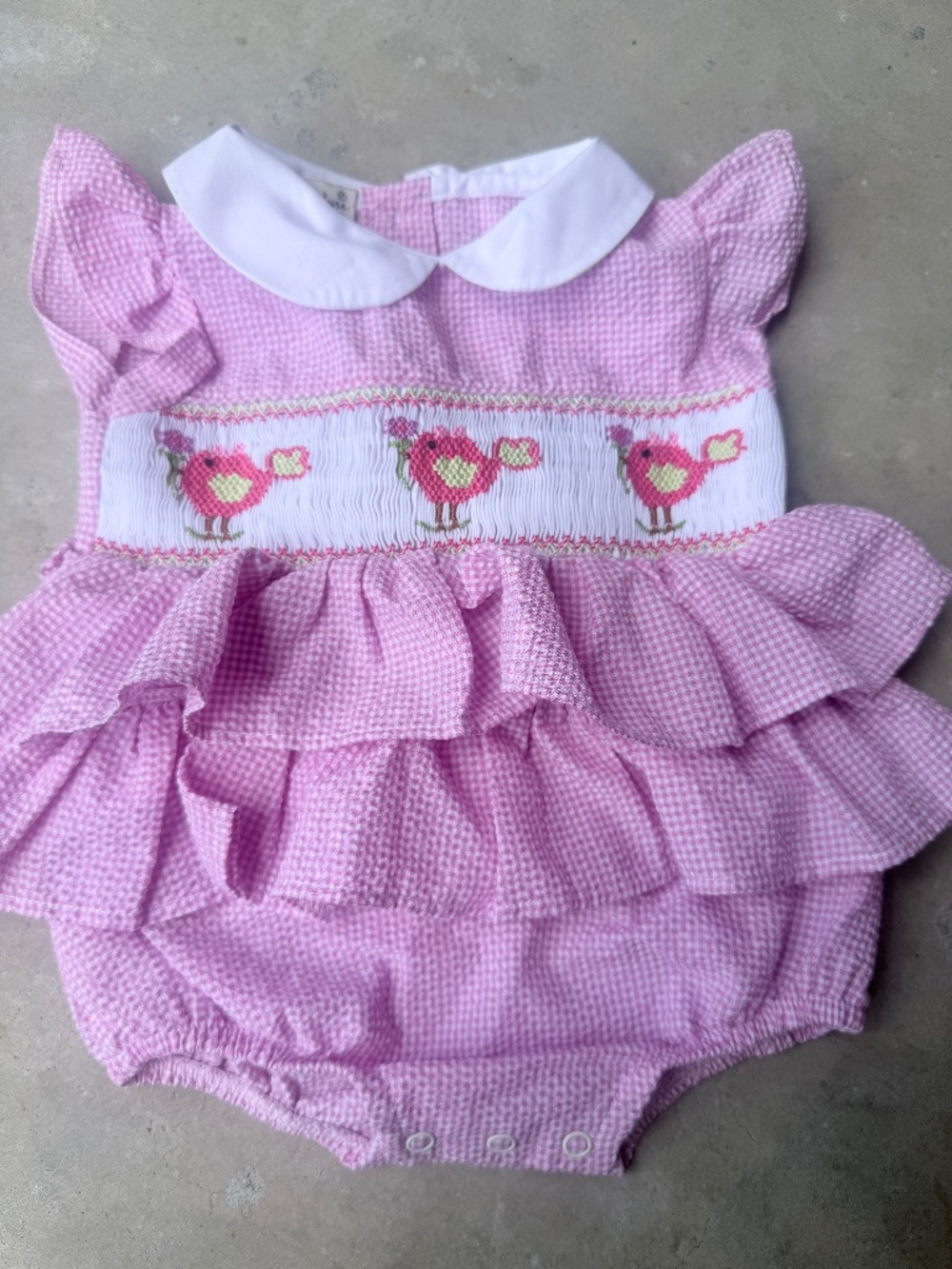 Smocked Spring time Bird Ruffle Gingham Romper